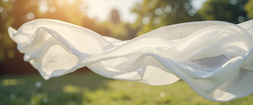 White translucent fabric blowing in wind garden for spring holiday blogs textile design websites and peaceful nature concepts
