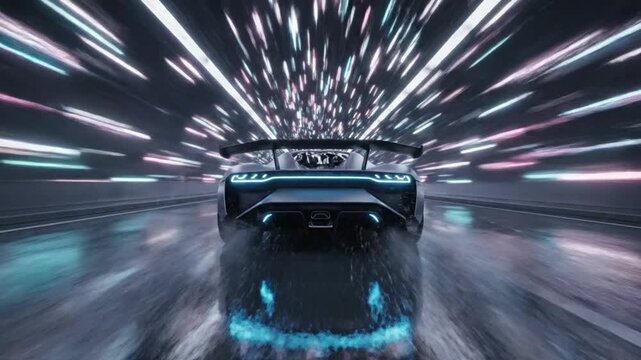 Silver supercar racing on wet asphalt at night with motion.
