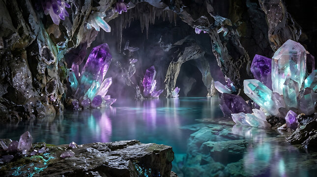 Glowing purple amethyst crystals inside dark underground cavern with calm blue water lake