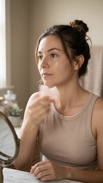 Woman Using Rose Quartz Gua Sha Tool for Facial Skin Care at Home