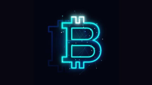 Bitcoin neon logo glowing with digital data particles on black background loop video.