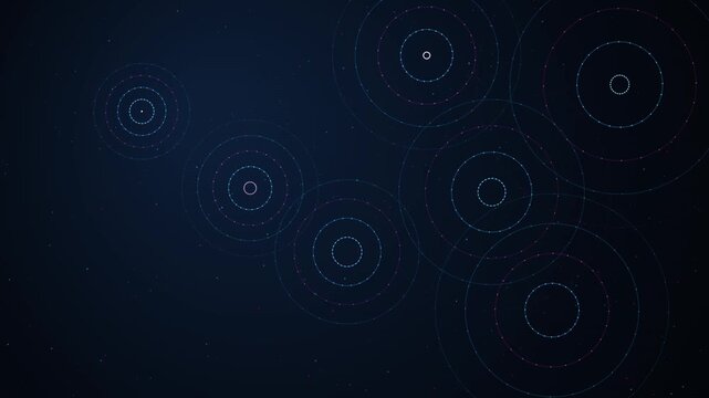 Abstract Circular Digital Waves And Pulsating Data Points Expanding On A Dark Background Represent Advanced Network Connectivity And Technology.