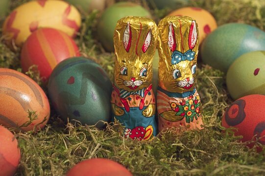 Coloured easter eggs in the nest with easter bunny