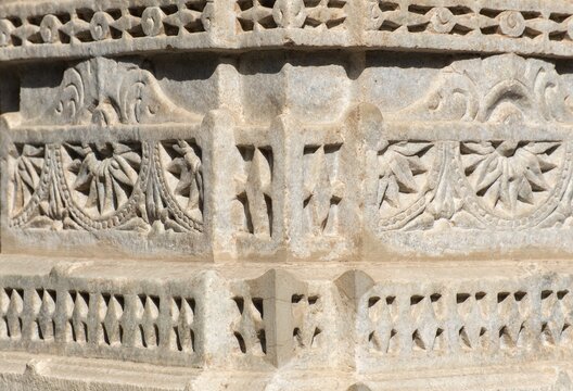Ornate stone carvings at Ranakpur Jain Temple, Rajasthan, India