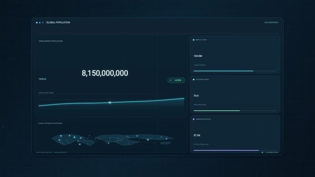 Dark-themed digital dashboard displaying global population statistics with large numbers and trend graphs.