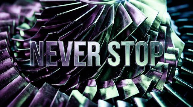 never stop overlaid on a fun vibrant magenta and lime green metallic turbine blade arrangement lit by dramatic studio lights showcasing highly detailed macro photography texture