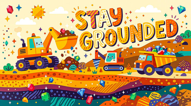 cheerful typography stay grounded next to large cute mining equipment excavators drillers rock piles gemstones geometric shapes flat graphic design style bright engaging atmosphere