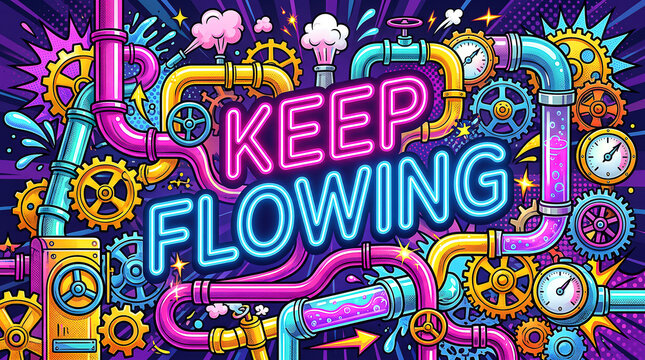 bright neon text saying keep flowing over playful industrial pipes gears valves stylized factory elements pop art illustration glowing lights metallic textures vibrant modern design