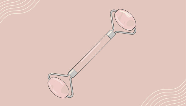 Rose quartz facial massage roller on a light pink background with wavy line decorations representing beauty self care.