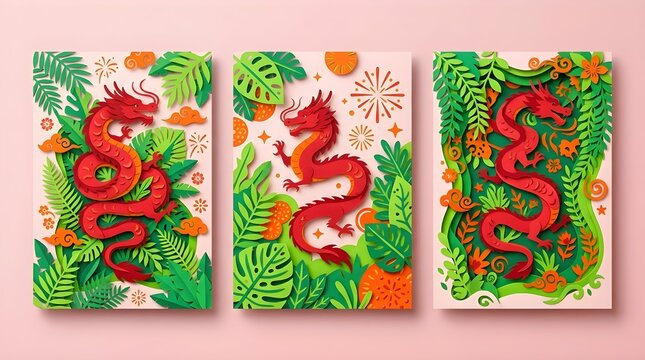 Red paper art dragon creatures surrounded by tropical jungle foliage in three vertical poster banners for holiday celebration