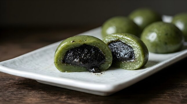 Green rice dumplings filled with sweet black sesame paste sitting on white ceramic plate ready for tasting