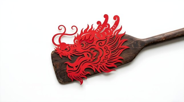 Intricate red paper cut dragon head resting gracefully upon a rustic weathered wooden oar against white