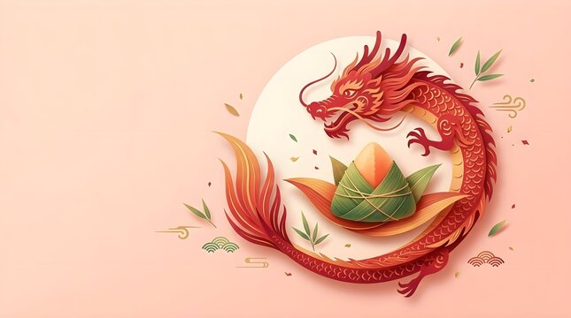 Traditional paper cut red dragon wrapping around delicious zongzi rice dumpling for auspicious dragon boat festival celebration banner
