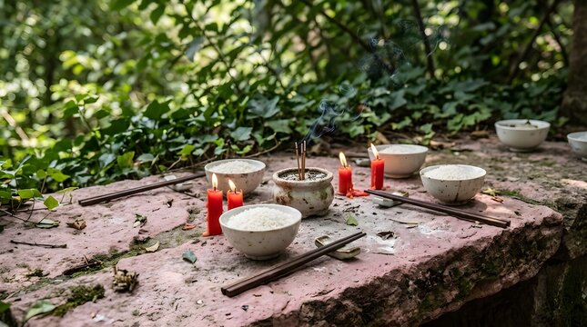 Traditional outdoor religious offerings featuring burning incense sticks candles bowls of white rice and chopsticks on stone altar