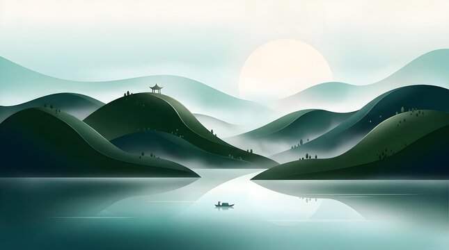 Traditional asian landscape featuring serene green mountains with gentle morning mist reflecting on peaceful calm water under bright sun