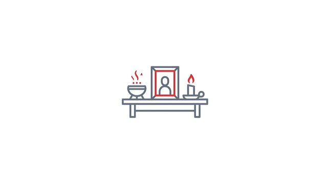Memorial altar icon featuring framed portrait photograph with burning candle and smoking incense bowl for deceased person