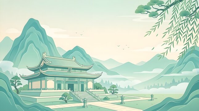 Traditional Asian temple building nestled calmly inside peaceful mountain ranges during soft morning light illumination