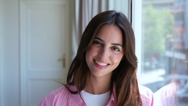 Young woman smiles gently, tilts her head and makes direct eye contact with the camera beside a sunlit window at home. Static close-up captures her relaxed, cheerful mood in a bright indoor setting.