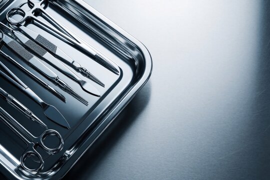 Stainless steel surgical instruments lie on metal tray in sterile operating room. Scalpel, forcpic, scissors, clamps prepare for medical procedure. Close up view of sharp medical tools for hospital