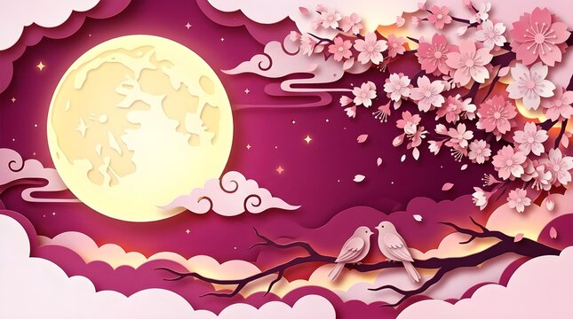 Vibrant paper art illustration featuring blooming cherry blossom branches framing a glowing full moon and cute birds