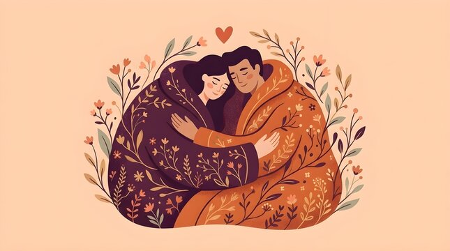 Loving couple embracing tightly surrounded by botanical floral patterns and floating hearts in warm cozy color palettes
