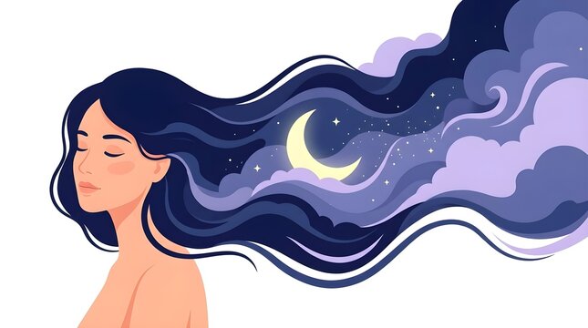 Peaceful woman with long dark flowing hair containing glowing crescent moon and starry night sky clouds vector illustration