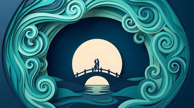 Romantic silhouette of young loving couple standing together on arch bridge framed by layered turquoise paper art waves