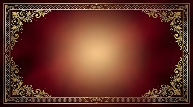Elegant vintage gold decorative border framing deep red background with glowing center light and ornate corner flourishes