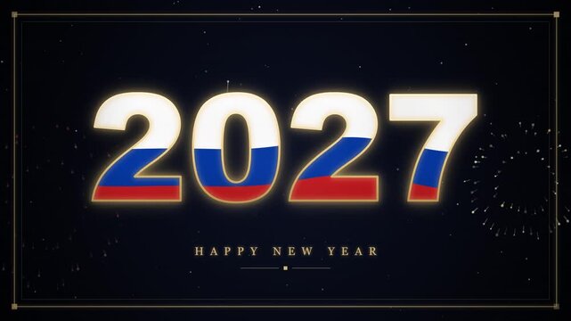 Happy New Year 2027 numbers filled with the Russian flag colors glowing against a dark starry background with faint fireworks.