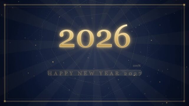 Happy New Year 2026 text shines brightly against a dark blue celebratory background.