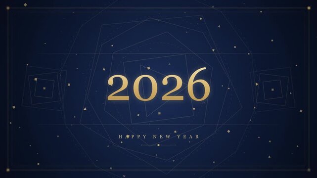 Happy New Year 2026 text glowing in gold typography against a dark blue background with abstract geometric lines and subtle stars.