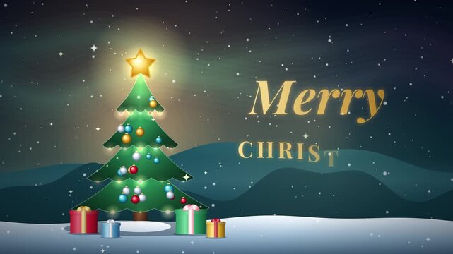 Christmas tree decorated with lights and ornaments stands outdoors in a snowy landscape with wrapped gifts below.