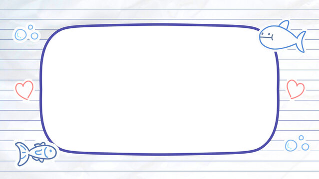 Cute cartoon whale and fish border on notebook paper background presentation with hearts