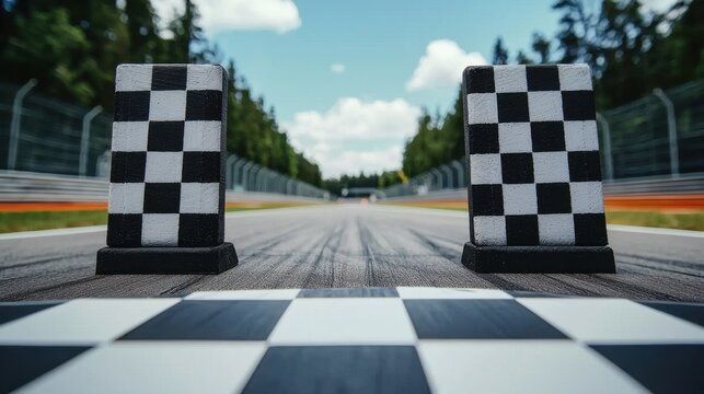 A close-up view of a starting grid on a racetrack with checkered flags and a long stretch of road surrounded by trees under a partly cloudy sky.