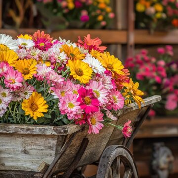 A rustic wooden wheelbarrow overflowing with vibrant pink, yellow, white, and orange daisy-like flowers in a garden setting.