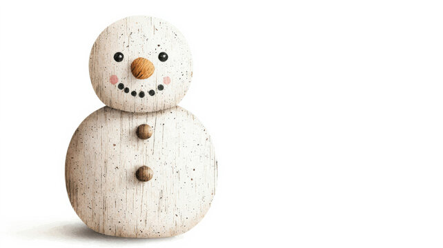 A cute wooden snowman figurine with a carrot nose, coal eyes, and buttons stands against a white background.