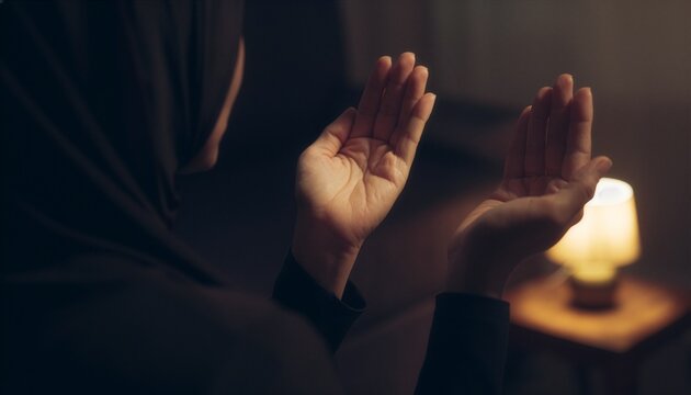 close-up of a Muslim person raising both open hands gently during personal prayer at home in the evening.
