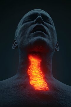 A glowing, fiery throat inside a dark human figure symbolizes intense pain or inflammation in the neck or voice box area.