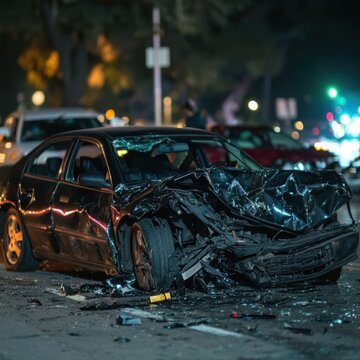 Severely damaged black car after a nighttime collision, with debris scattered on the road and emergency lights glowing in the background.
