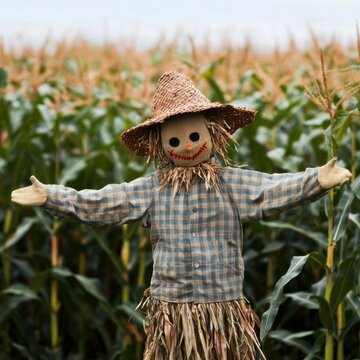 A cheerful scarecrow with a straw hat and plaid shirt stands in the middle of a green cornfield, arms wide open under a cloudy sky.