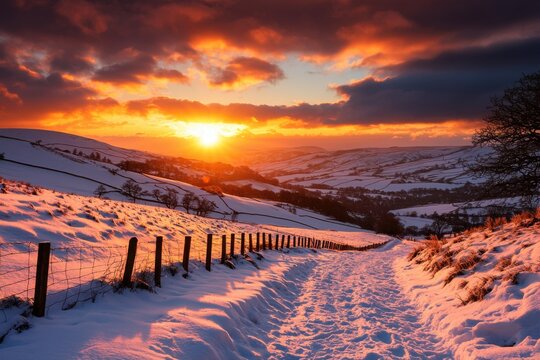Snowy countryside path at sunset with vibrant sky and rolling hills blanketed in snow, featuring a fence along the trail.