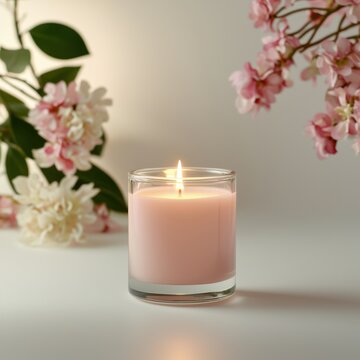A lit pink candle in a glass holder is placed on a white surface, surrounded by soft pink and white flowers creating a calm and cozy ambiance.