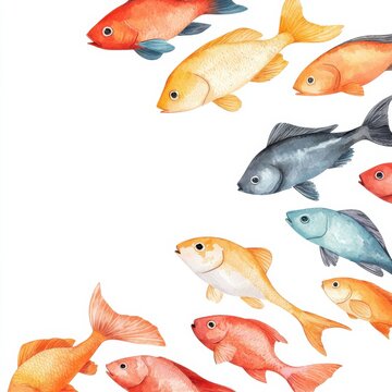 A watercolor illustration featuring colorful fish swimming diagonally on a white background, showcasing various shades of orange, yellow, blue, and gray.