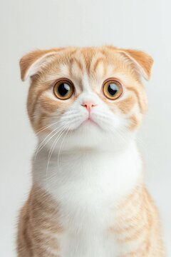 A close-up portrait of a wide-eyed, orange and white Scottish Fold cat with folded ears against a plain background.