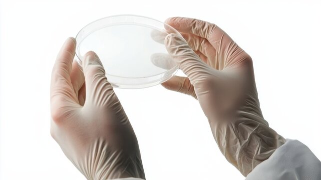 Hands wearing gloves holding a petri dish, likely in a laboratory setting for scientific research or testing.