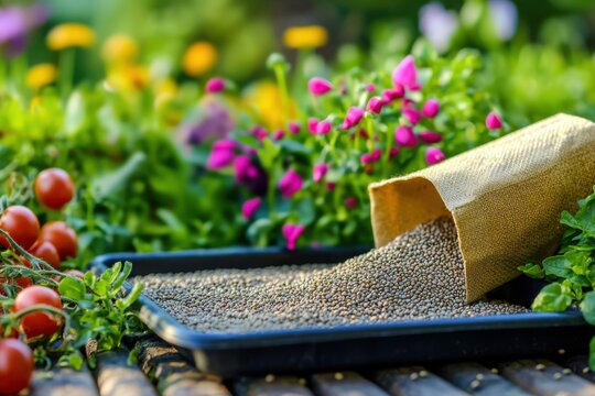 A burlap sack spills lentils onto a tray amidst a vibrant garden with tomatoes and colorful flowers.