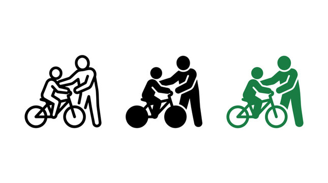 Parent teaching child to ride bicycle vector icon set in outline solid and green styles with teaching