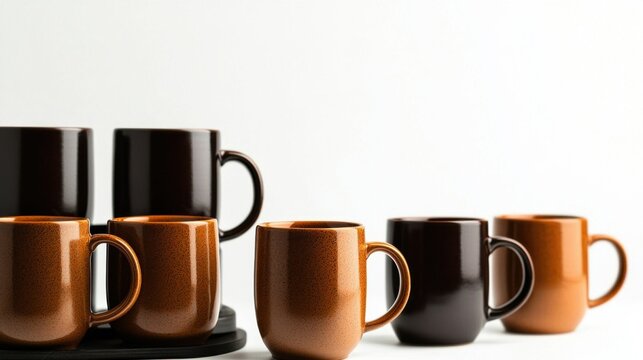 A row of black and brown ceramic mugs arranged side by side on a white surface with a minimalist background.