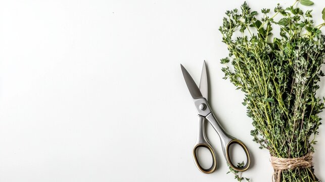 A bundle of fresh thyme herbs tied with twine lies next to a pair of vintage-style scissors on a white surface.