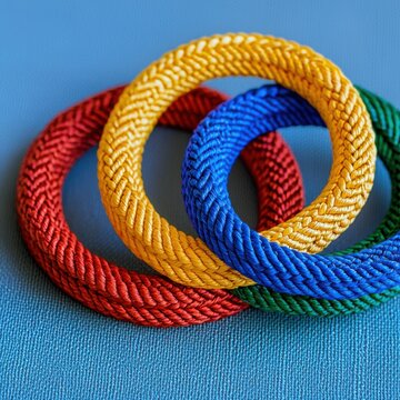 Four colorful braided rings (red, yellow, blue, green) are intertwined on a textured blue surface.